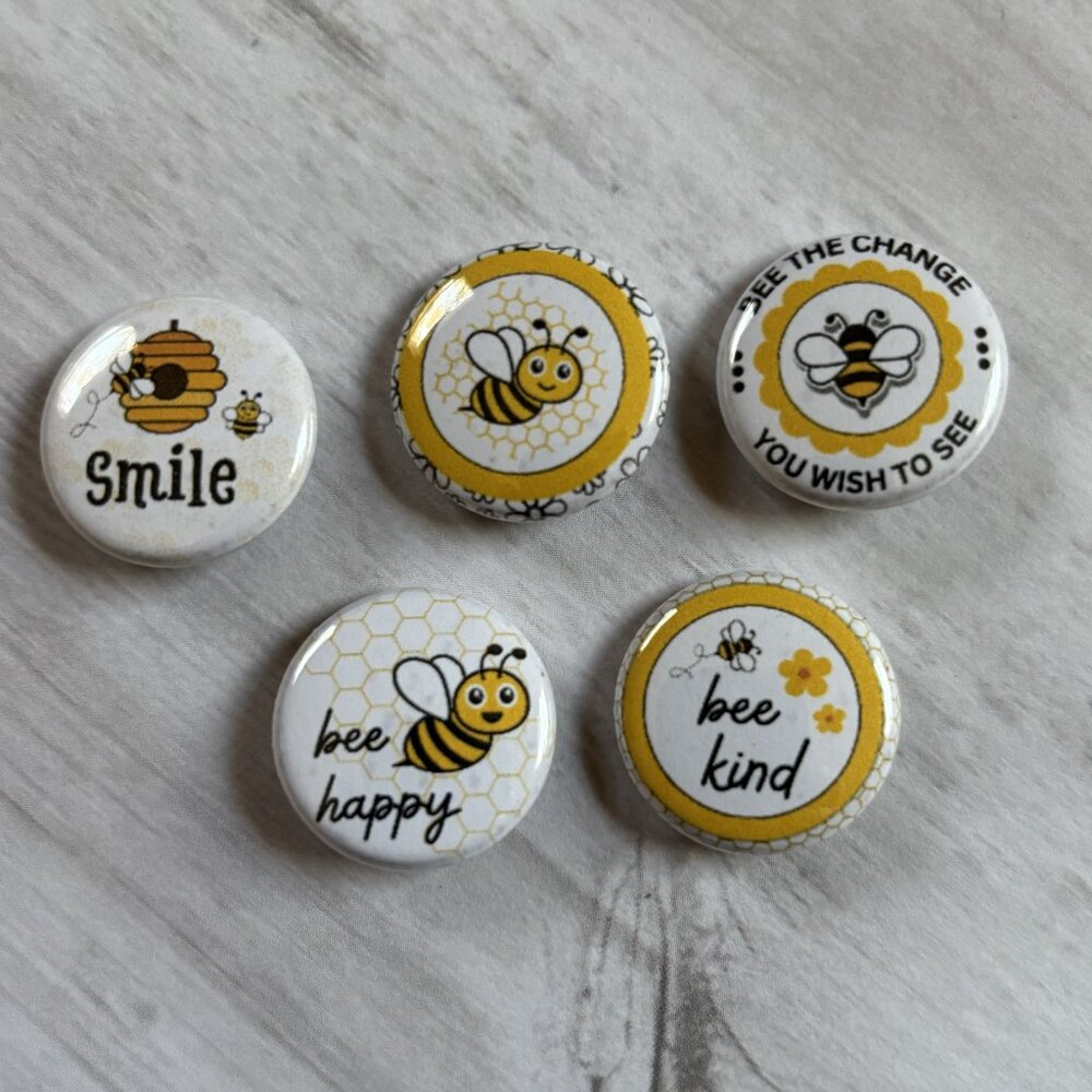 Bee Happy Pinback Button Set Cute 1" Bee-Theme Pins | Bee Kind, Smile, Bee Happy